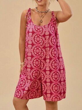 Red Boho Women's Plus Size Floral Print Spaghetti Strap Casual romper